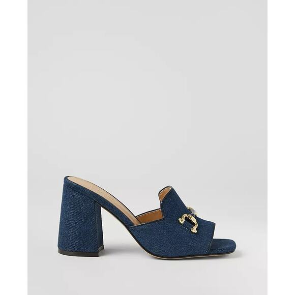 Ann Taylor Horsebit Denim Block Heel Sandals - 9 Dark Denim Blue - Picture 1 of 4